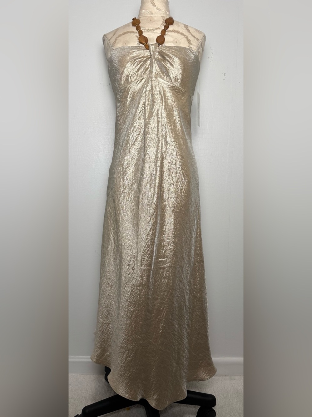 NWT Adrianna Papell Champagne Metallic Grecian Goddess Halter Gown 12